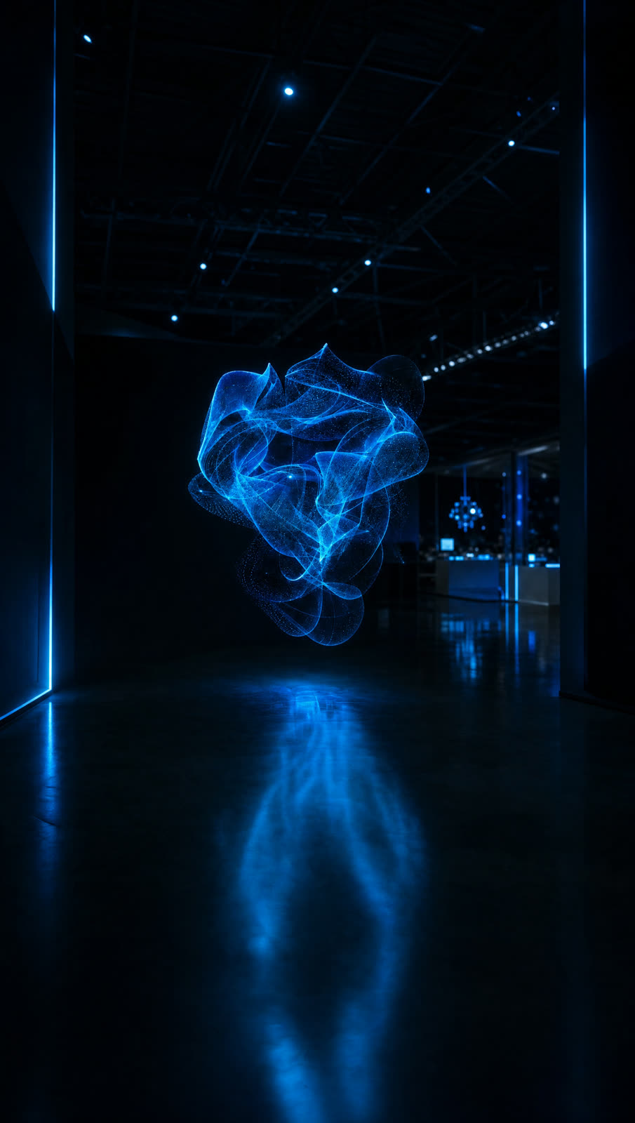 Holografisches Objekt schwebt frei in einem dunklen Messestand